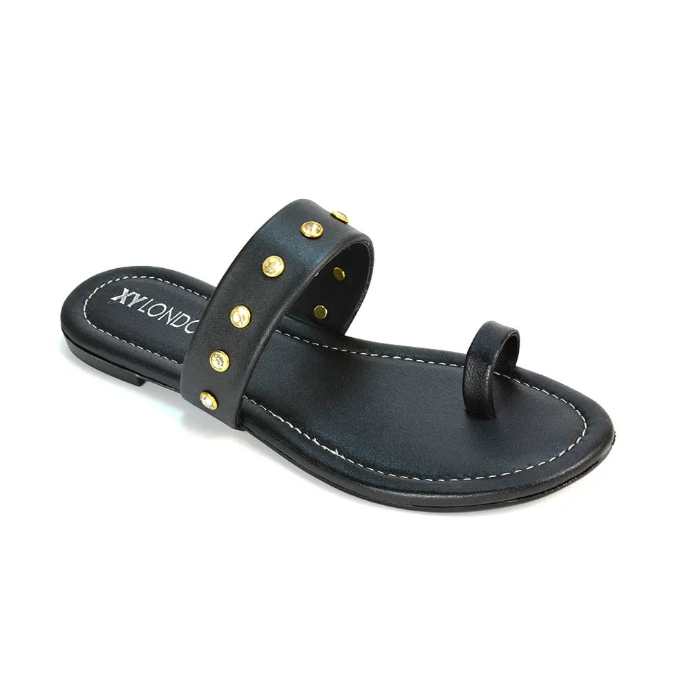 Sammie Slip On Toe Post Flat Heel Diamante Leather Summer Sandal Slides in Black