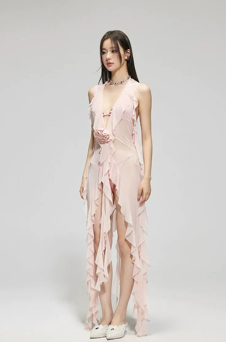 Sheer Ruffle Cover-Up Sleeveless Beach Swimdress
