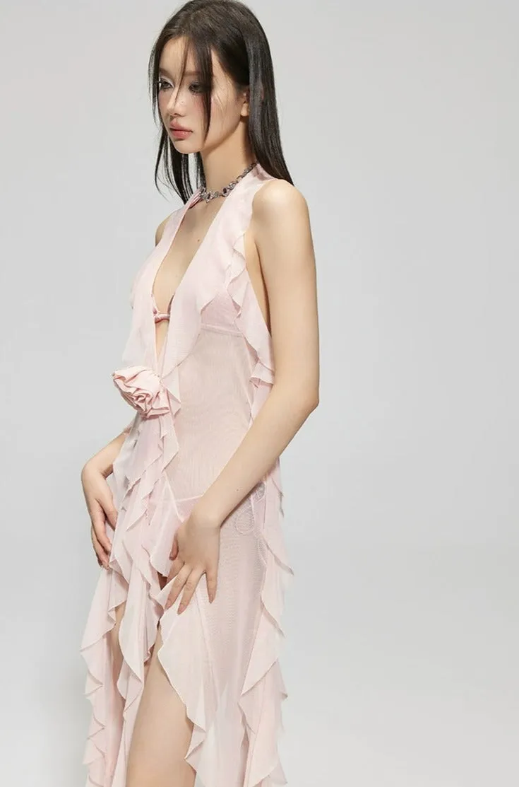 Sheer Ruffle Cover-Up Sleeveless Beach Swimdress