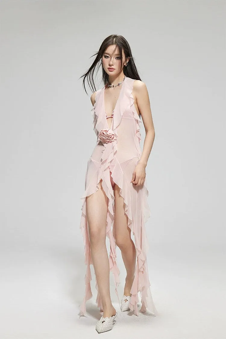 Sheer Ruffle Cover-Up Sleeveless Beach Swimdress