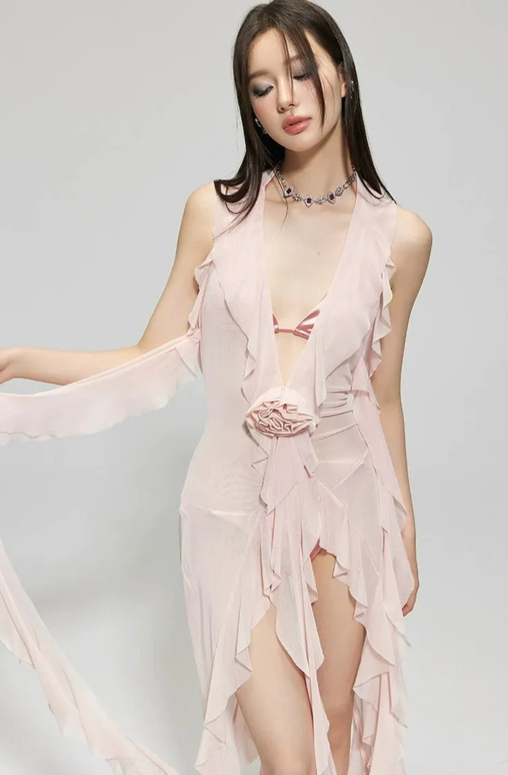 Sheer Ruffle Cover-Up Sleeveless Beach Swimdress