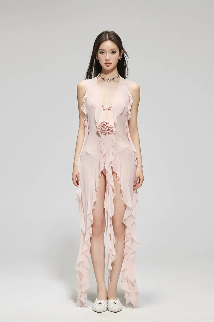 Sheer Ruffle Cover-Up Sleeveless Beach Swimdress