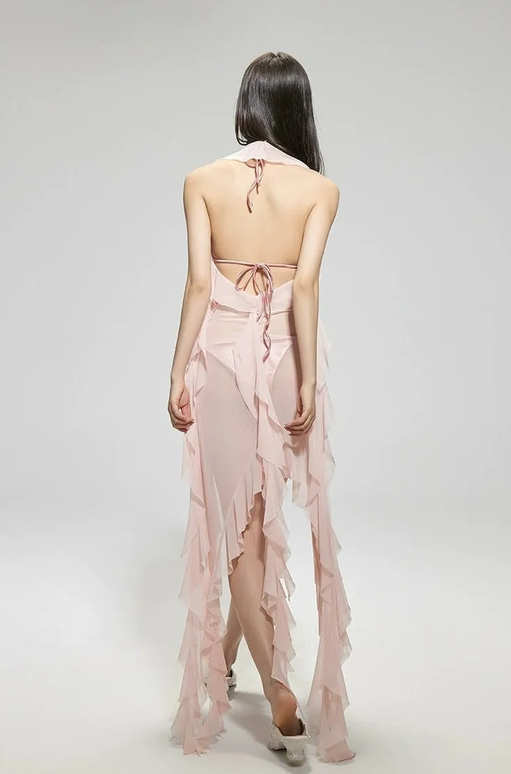 Sheer Ruffle Cover-Up Sleeveless Beach Swimdress