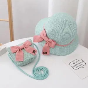 Summer Straw Hat and Sling Bag Set - Blue and Pink