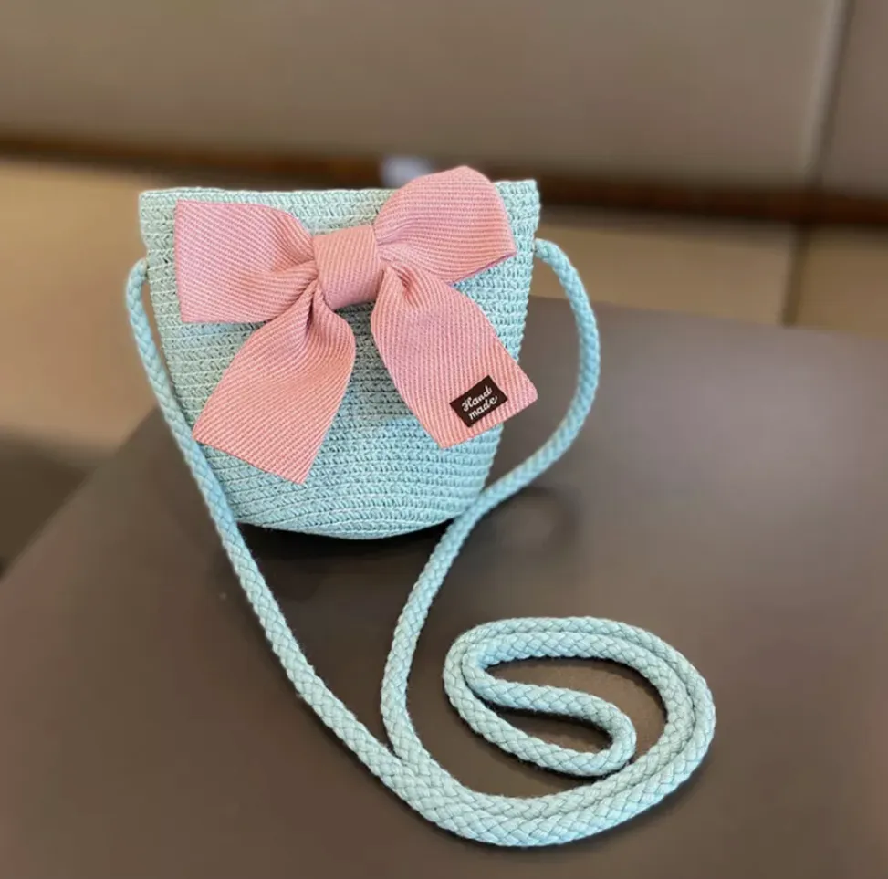 Summer Straw Hat and Sling Bag Set - Blue and Pink