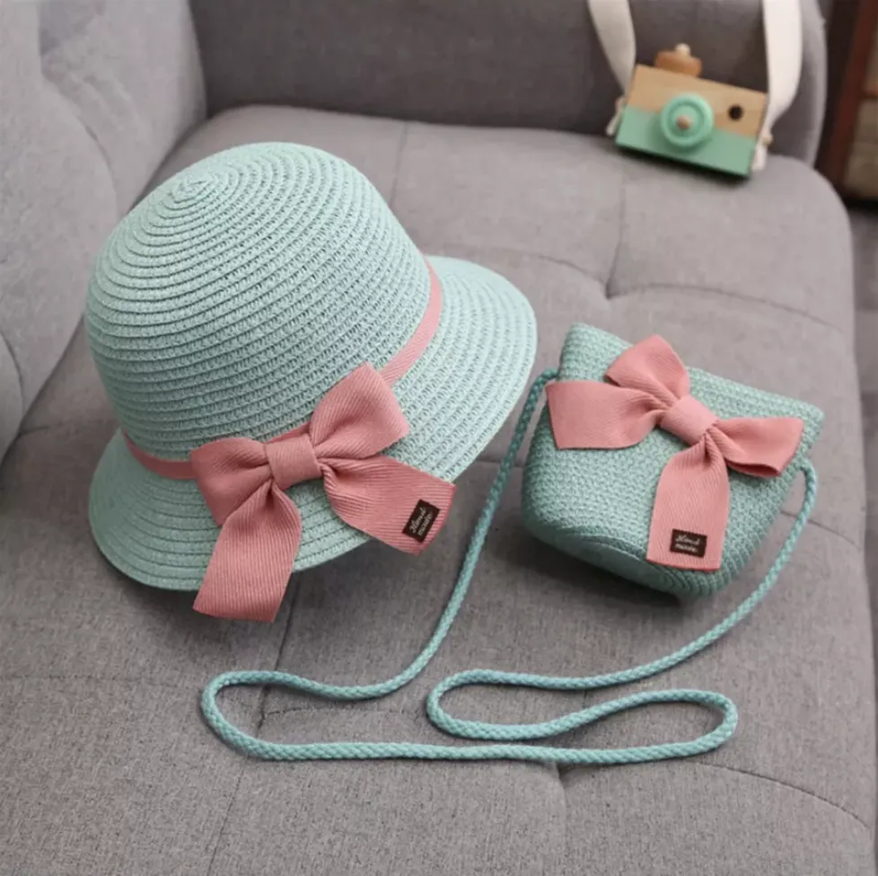 Summer Straw Hat and Sling Bag Set - Blue and Pink