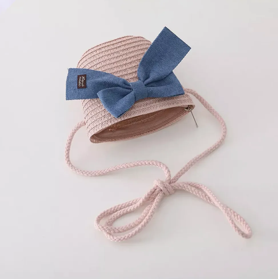 Summer Straw Hat and Sling Bag Set - Pink and Blue