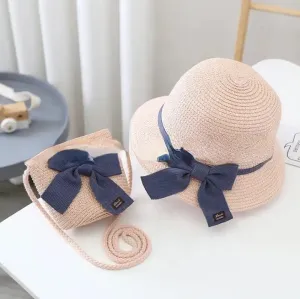 Summer Straw Hat and Sling Bag Set - Pink and Blue