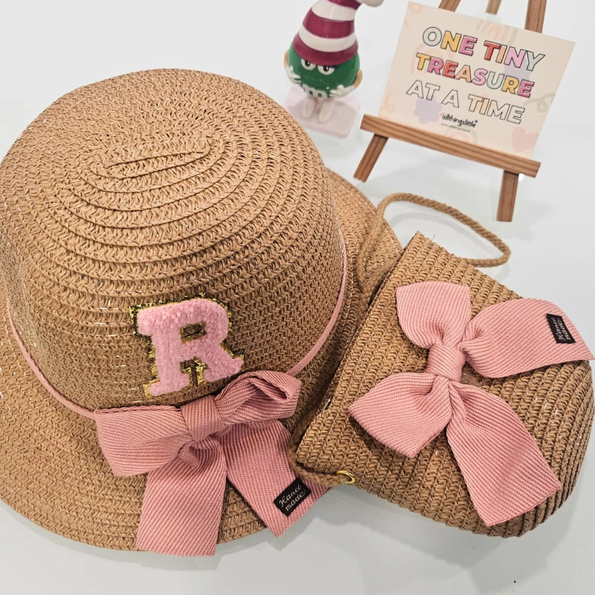 Summer Straw Hat and Sling Bag Set - Pink and Blue