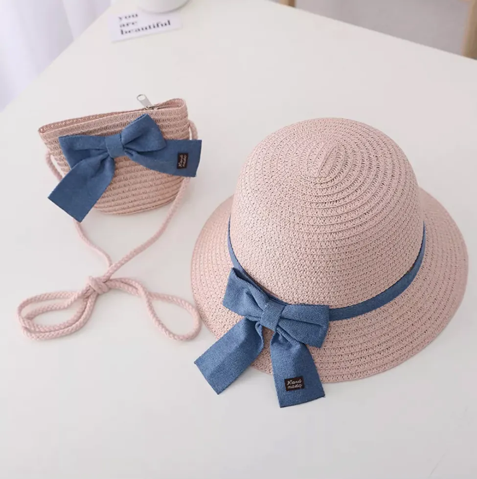 Summer Straw Hat and Sling Bag Set - Pink and Blue